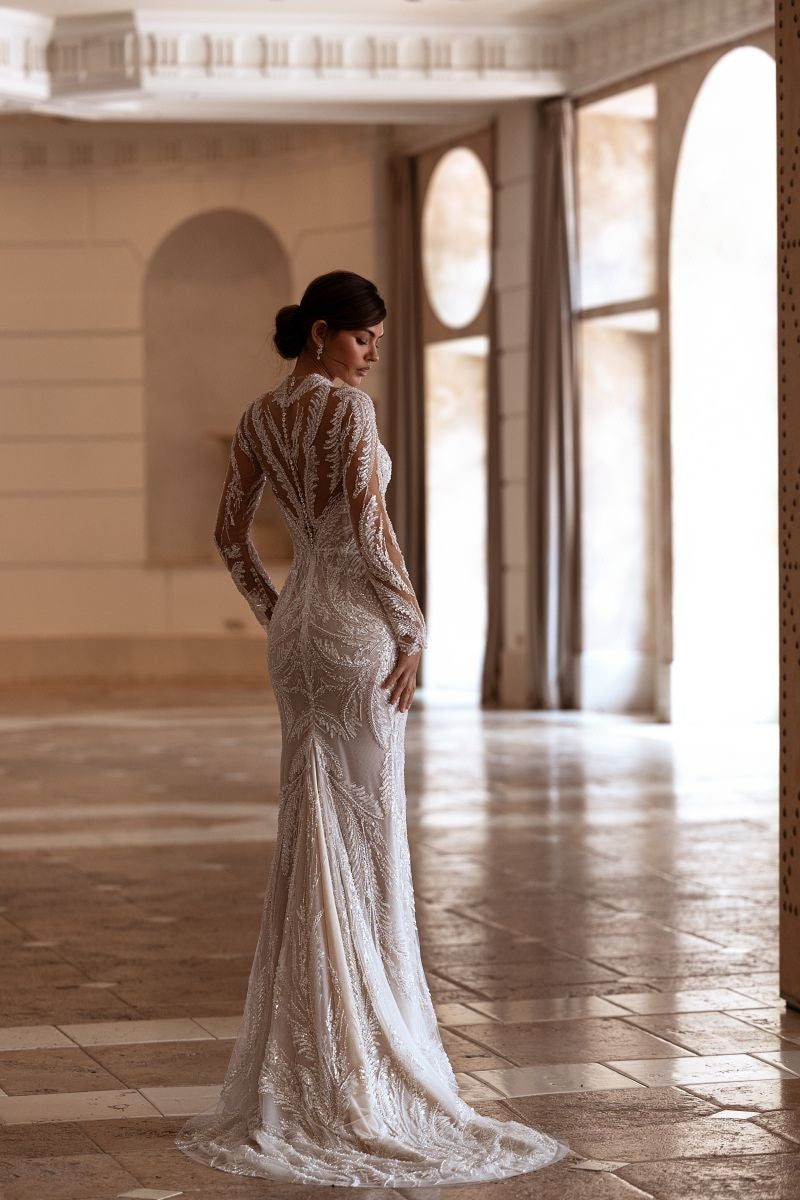 VESTIDO DE NOVIA CON PEDRERIA Y MANGAS - NATY