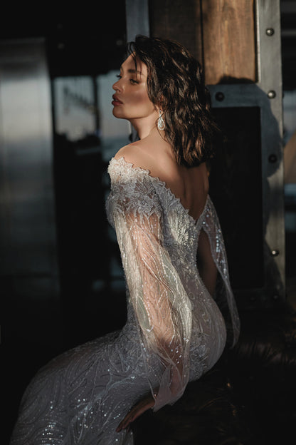 VESTIDO DE NOVIA CUELLO BARCO CON MANGAS - LAURA