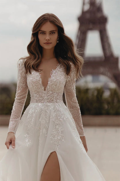 VESTIDO DE NOVIA  CORTE A CON MANGAS CON APERTURA - SULTANA