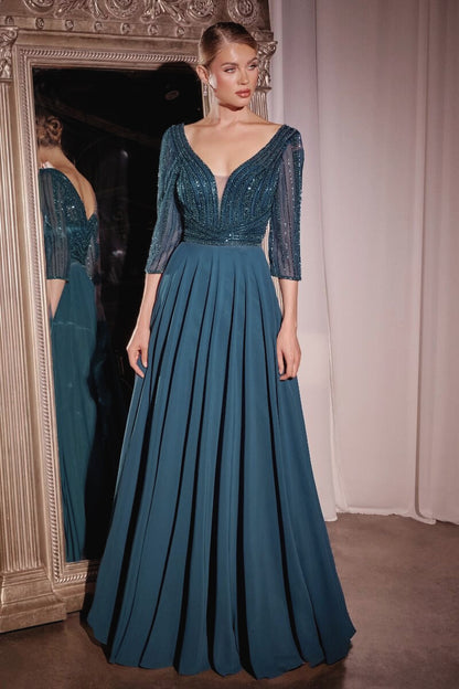 SARA - VESTIDO DE FIESTA AZUL CON MANGAS Y ESCOTE EN V