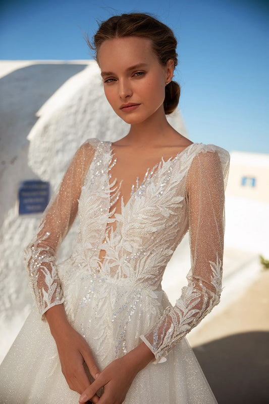 VESTIDO DE NOVIA CON MANGAS BRILLANTE - KARLA