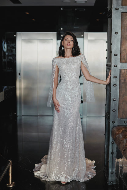 VESTIDO DE NOVIA CUELLO BARCO CON MANGAS - LAURA