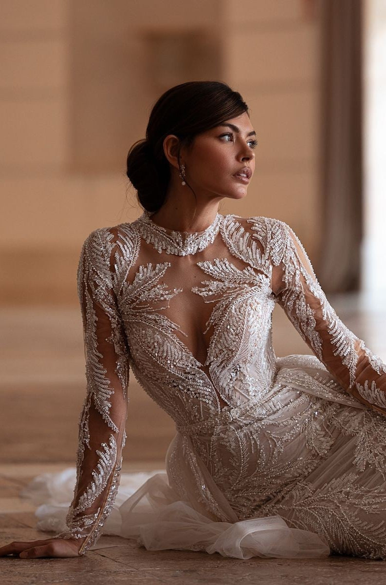 VESTIDO DE NOVIA CON PEDRERIA Y MANGAS - NATY
