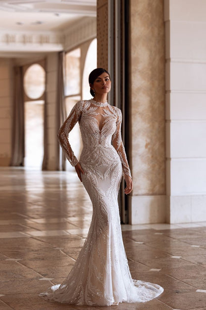 VESTIDO DE NOVIA CON PEDRERIA Y MANGAS - NATY