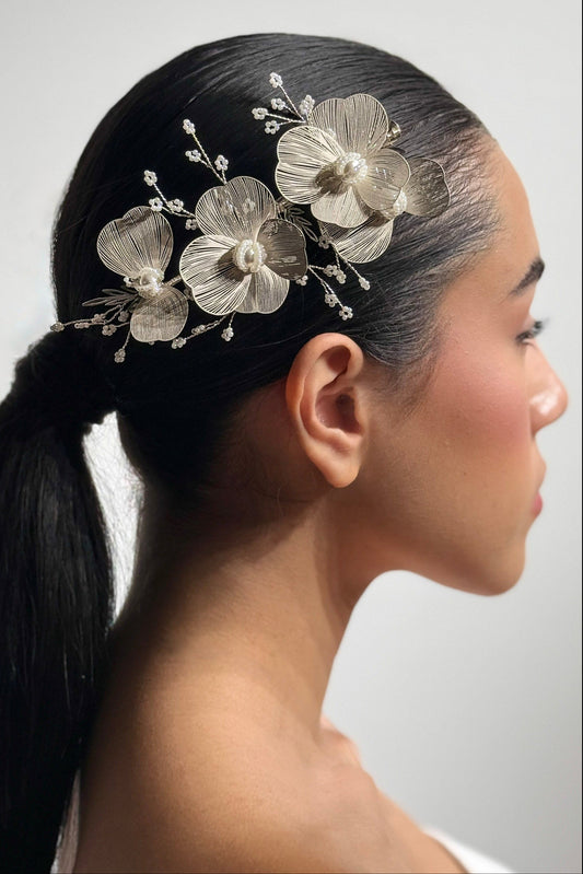 TOCADO PARA NOVIA FILIGRNA IVORY FORES CON PINZAS - FLORENCIA