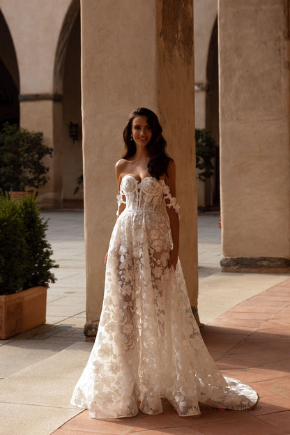 VESTIDO PARA NOVIA CORTE A LIGERO DE BORDADO FLORAR - LUCIANA