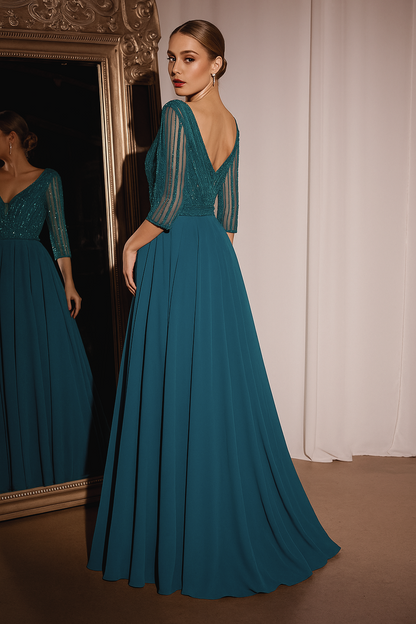 SARA - VESTIDO DE FIESTA AZUL CON MANGAS Y ESCOTE EN V